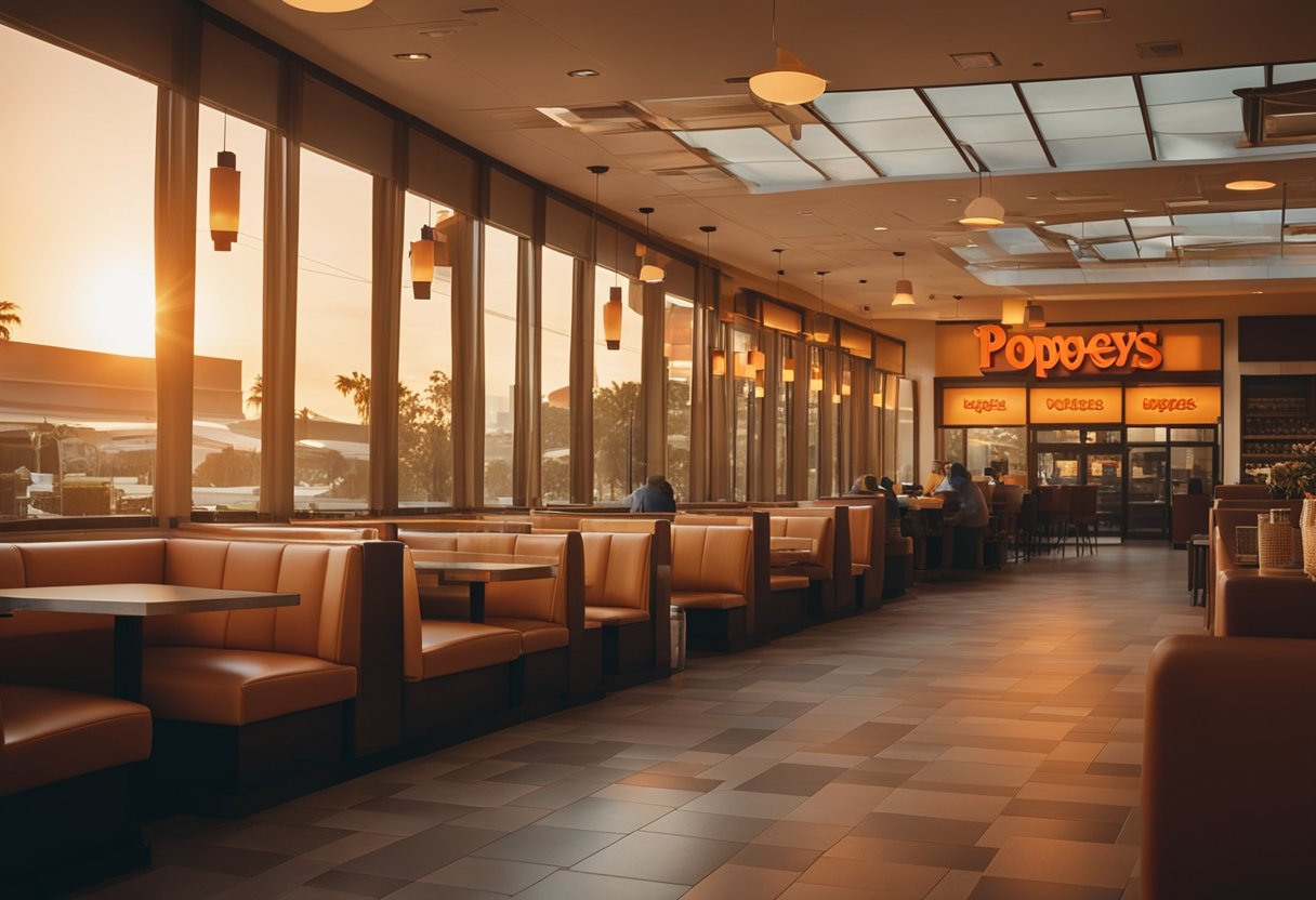 A cozy Popeyes restaurant at sunrise, with a warm glow through the windows, tables set with breakfast menus, and staff preparing for the day